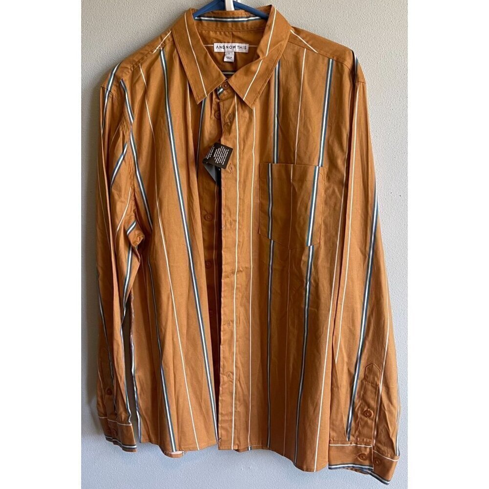 AND NOW THIS Mens Regular Fit Brown Striped Long Sleeve Button Up Shirt Large - Picture 2 of 12